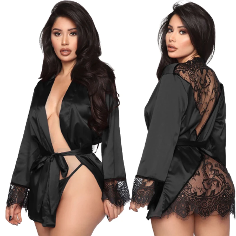 
2021 New Arrivals Women Sleepwear Silk Satin Pajamas Sexy See- through Lace Bridal Robes (No With Thong) 