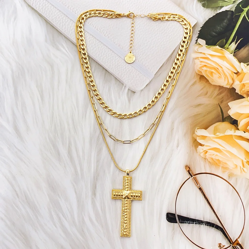 Jewelry wholesale custom big cross necklace fashion multi layer 18k gold plated pendant necklace for women