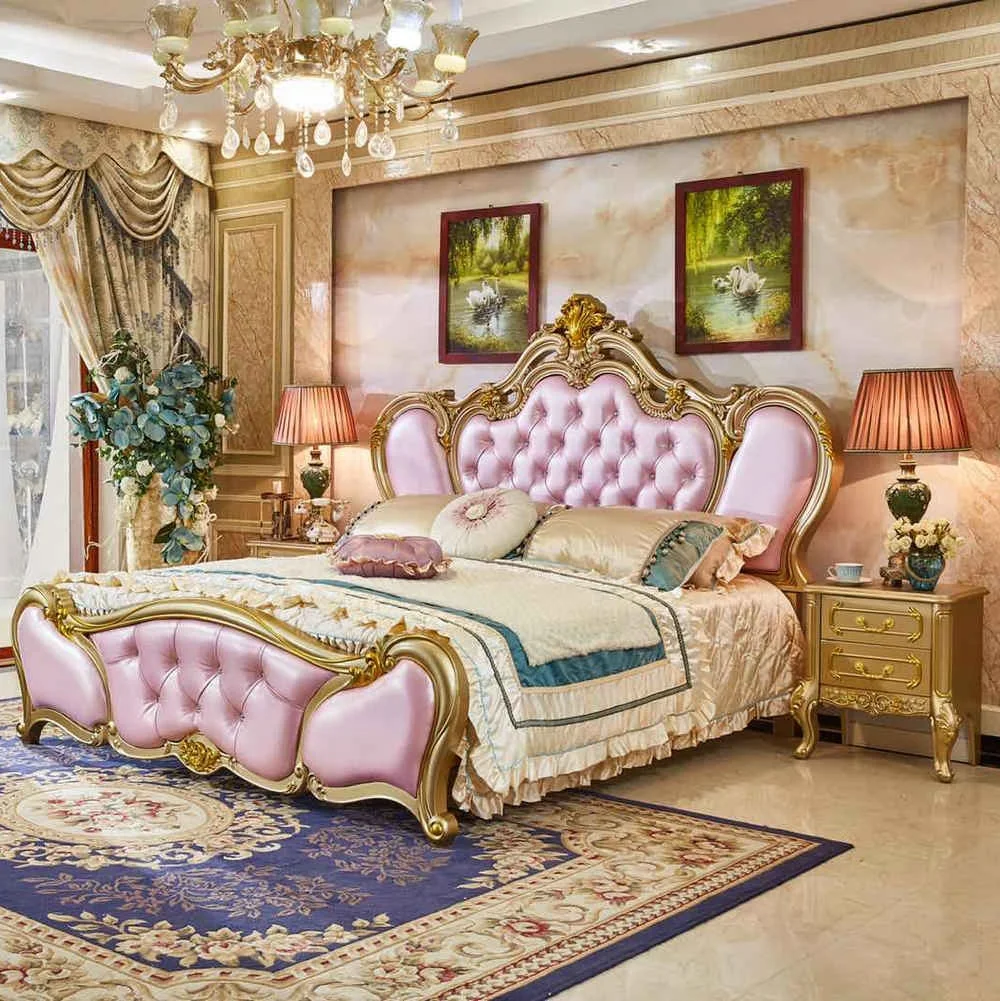 Luxury Champagne Gold Carved French Royal Leather King Size Bedroom Set Solid Wood Bedframe for Home or Apartment Furniture
