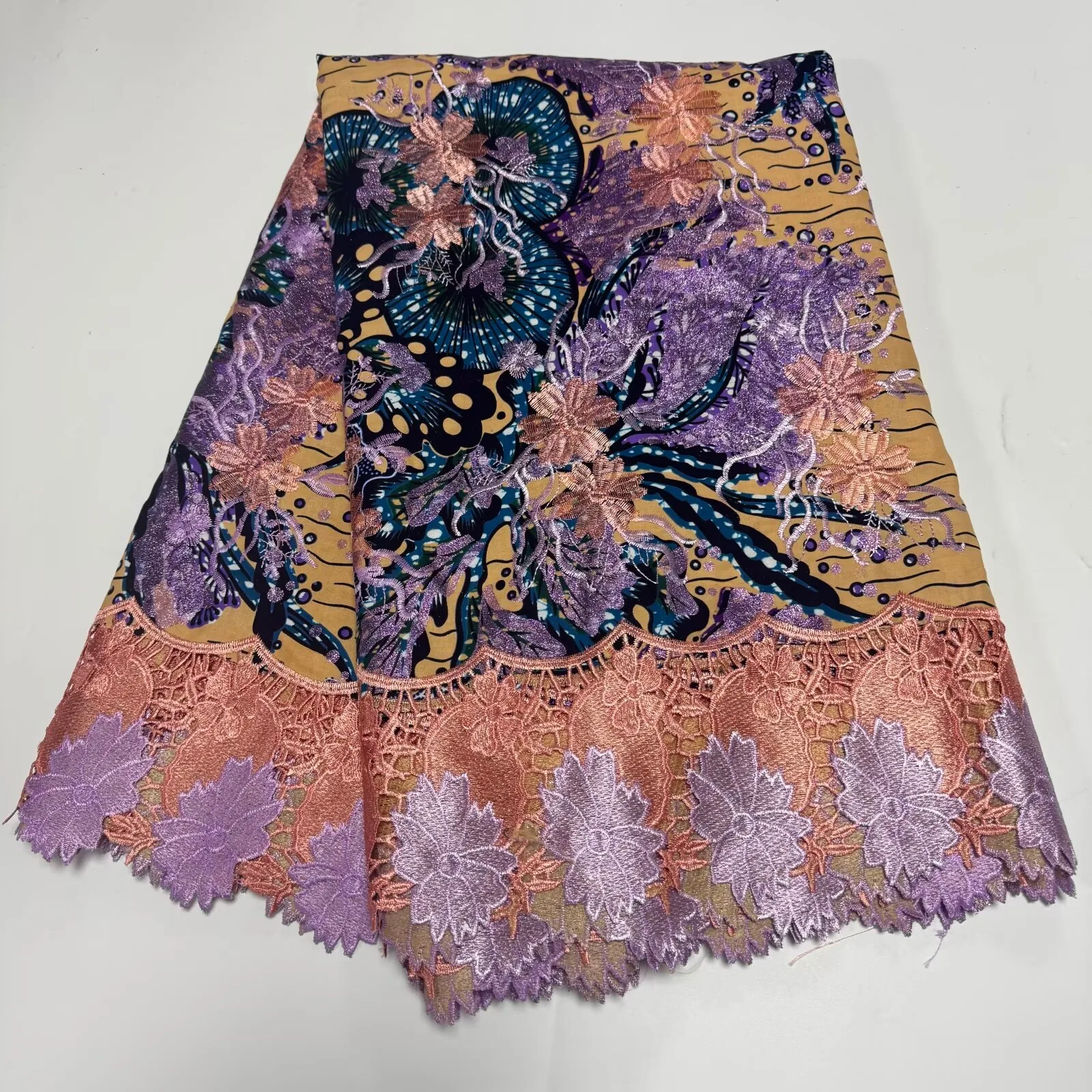 Nigerian Water Soluble Gold Line Layer Surface Embroidery Glitter Glam Wax Cotton Brocade Fabric