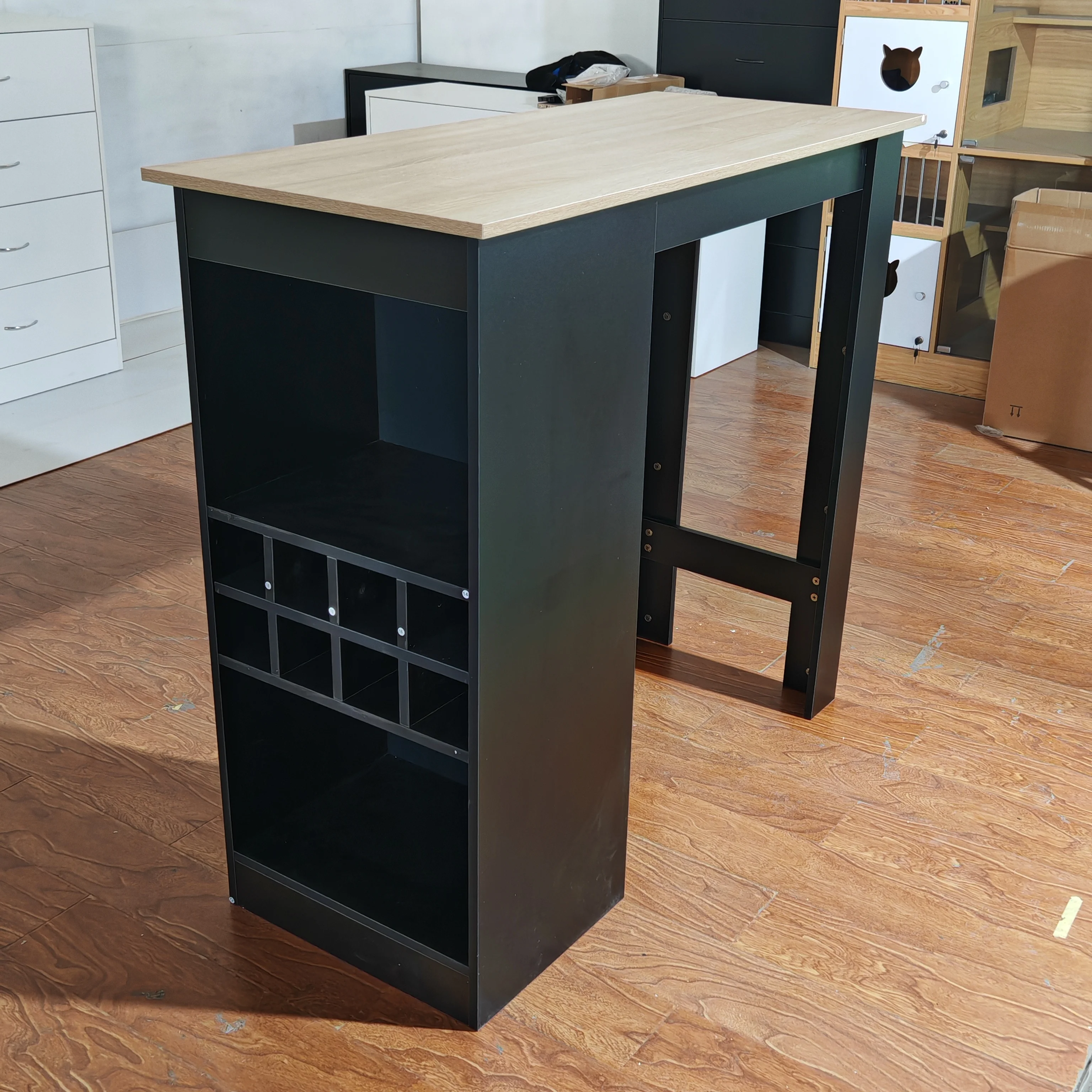 Luxury Simple Design Black Melamine Kitchen Cabinet Island Complete Open Kitchen Bar Counter with Wine Rack  Dining Living Room
