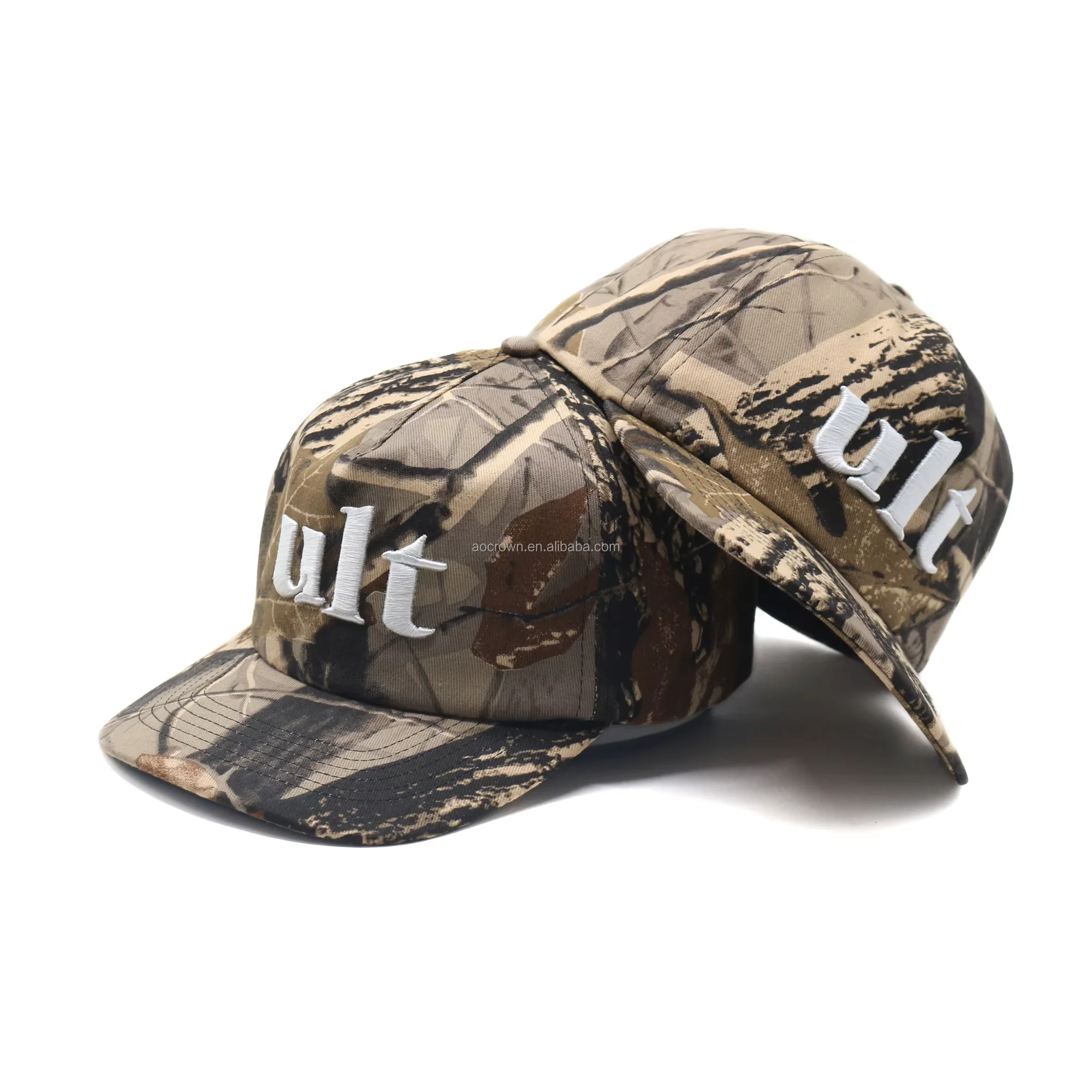 High quality men 5 panel slightly curved brim custom logo unstructured camo snap back cap