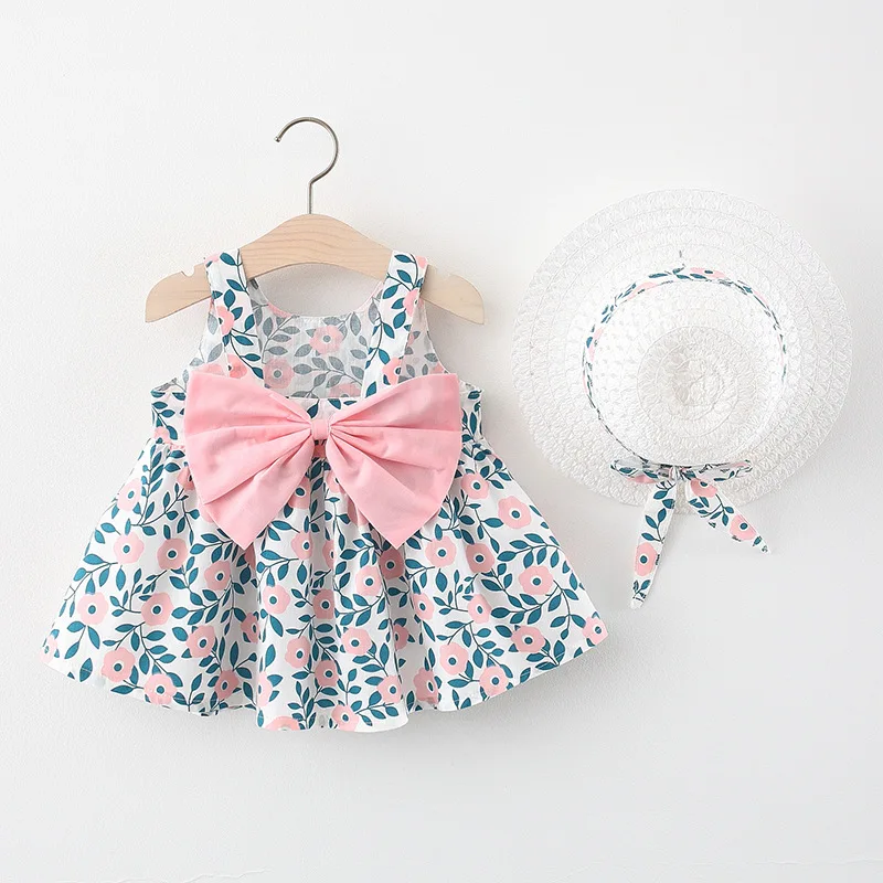 2021 summer small floral big bow straw hat skirt girls suspender dress send hat