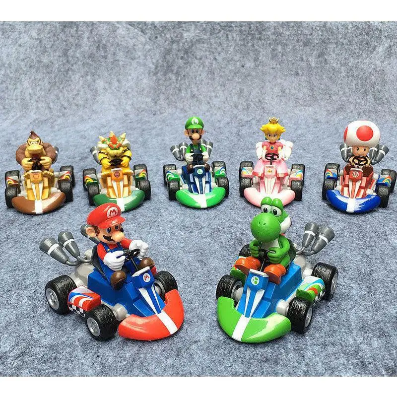 7 Style Cartoon Boxed Super Pull Back Car Toys Orangutan Mushroom Man Princess Mario Action Figures
