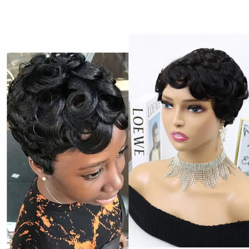 Cheap Price Human hair Short Pixie Bob Wig, No Lace Machine Made Pixie Wigs for Black Women