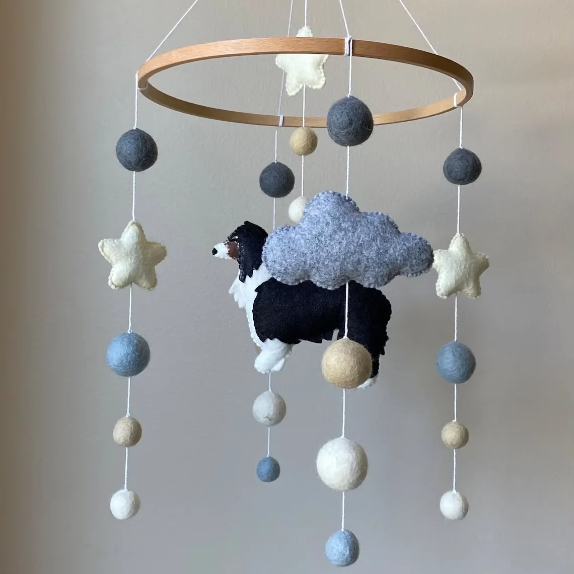 hanging Australian shepherd arrival new custom music box dog nursery room decor felt ball baby crib mobiles for baby cot