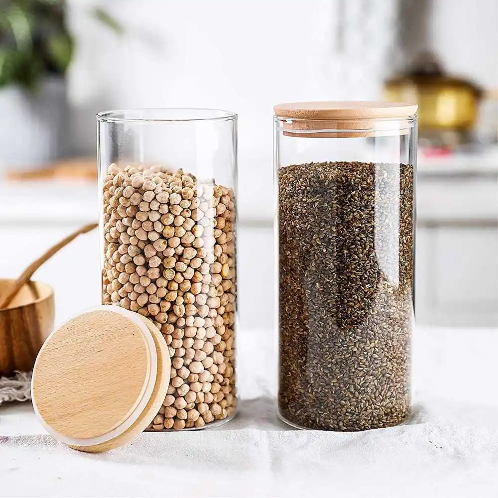 
High borosilicate 3 pieces glass storage jar bottle with bamboo wood lid glass kitchen food container set 