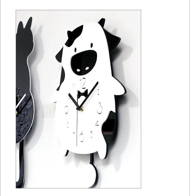 acrylic modern pendulum cartoon wall clock pictures 12 inch home decoration silent cute animal cow bed room hanging watch