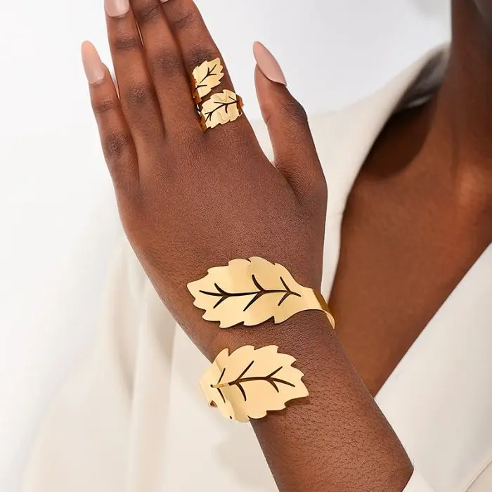 2024 new style metal gold color Large thick leaf Open Cuff Armband bracelet ring set for women jewelry