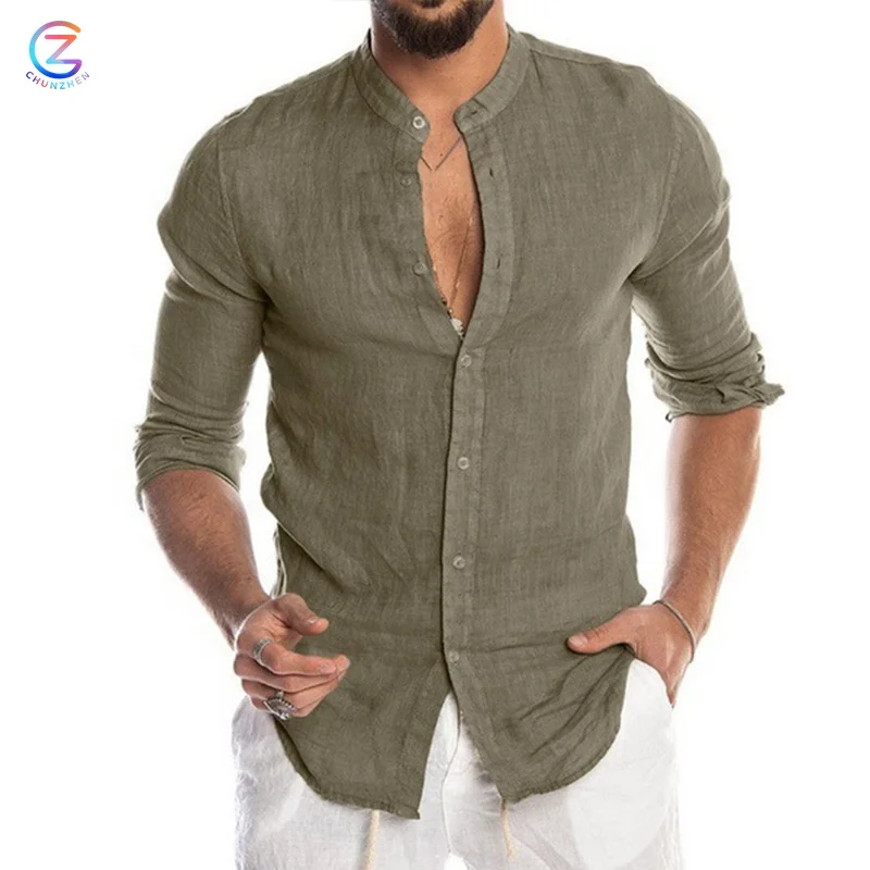 Quick Drying Mens Lone Sleeve Shirt Mature Men Cardigan Flax Plain Dyed Linen Blouse Shirts