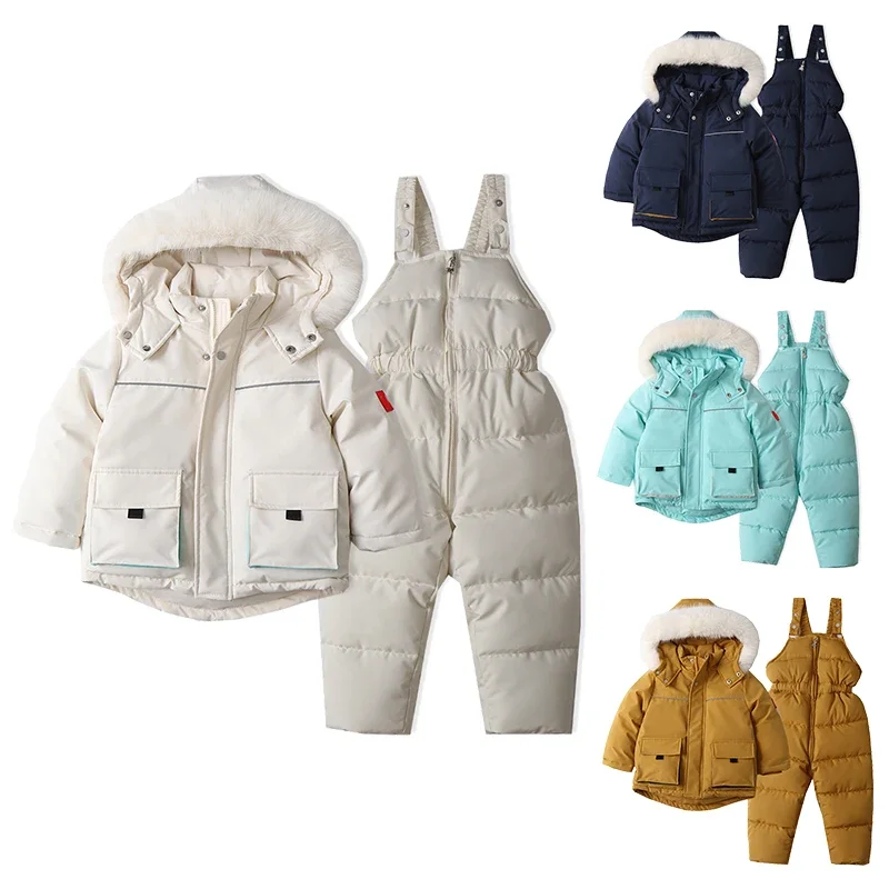 Clothing Manufacturers Custom Winter Toddlers Thick Windbreaker Cotton Jacket Overalls Pants Fleece Ski Cloth Suit Baby Snowsuit