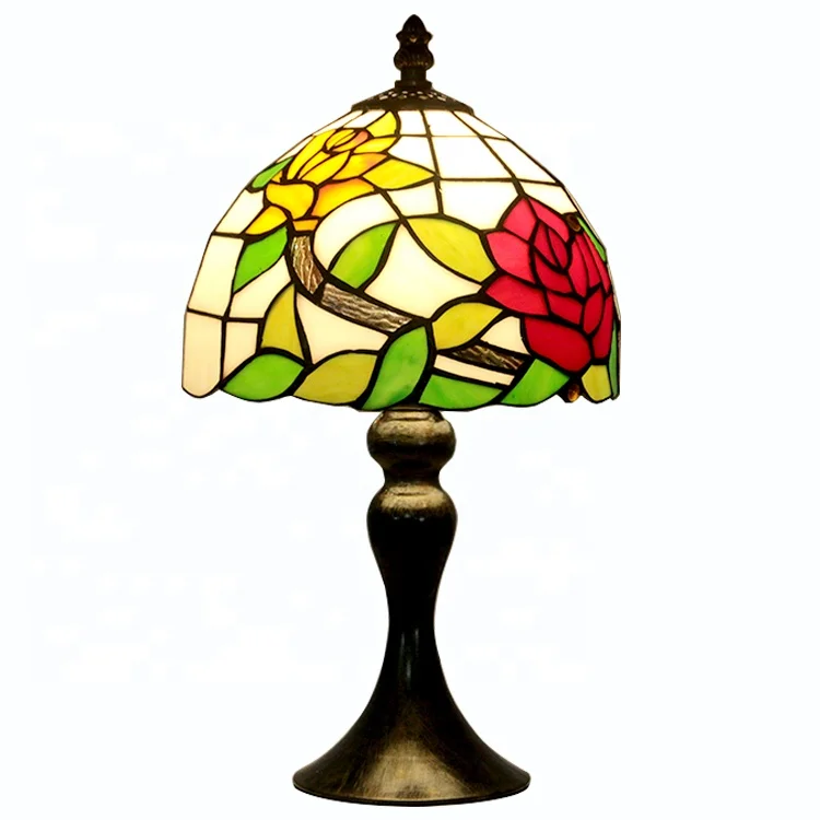 LongHuiJing 8-inches Rose Tiffany Style Stained Glass Table Lamp with Metal Base 15-inch in Height Art Deco Lamp