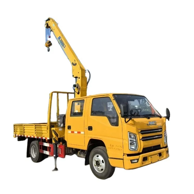 Small JMC truck crane 3.2 tons boom arm double row cab 5 seats for cargo handling and transportation