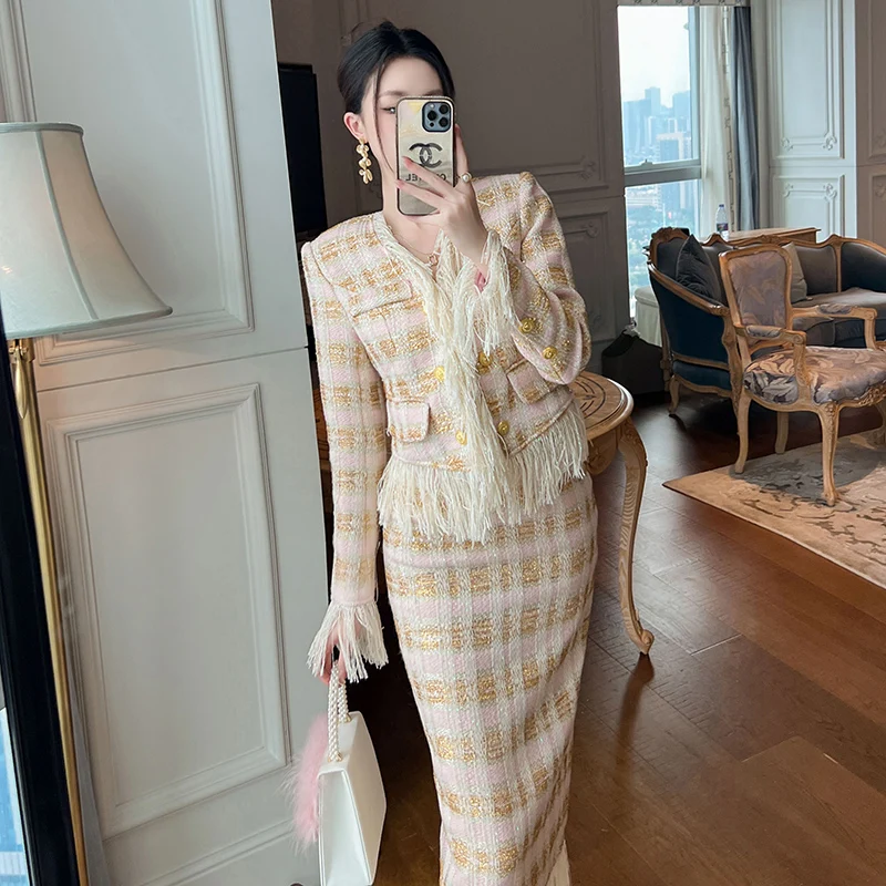 ZYHT 50679 Women Plaid Design Fringed Wool Tweed Two-piece Sets Spring Leisure Female Coat Jacket and Skirt Suit