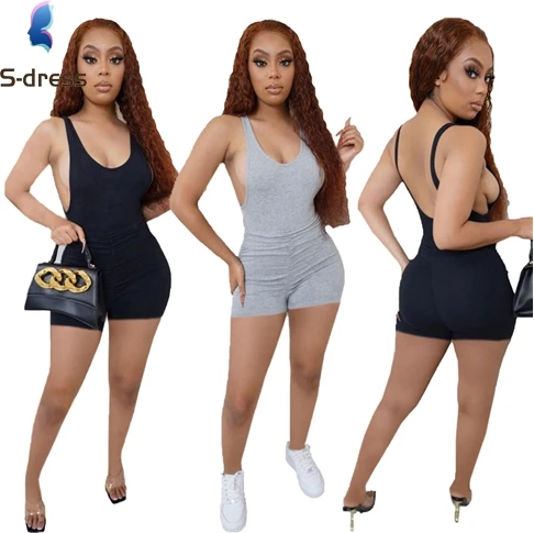 Yinien  summer outfits women backless cami jumpsuit solid color v neck sleeveless shorts jumpsuit woman