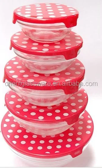 Promotion150ml-1000ml  lead free 5 pcs glass bowl set with plastic lid custom printing