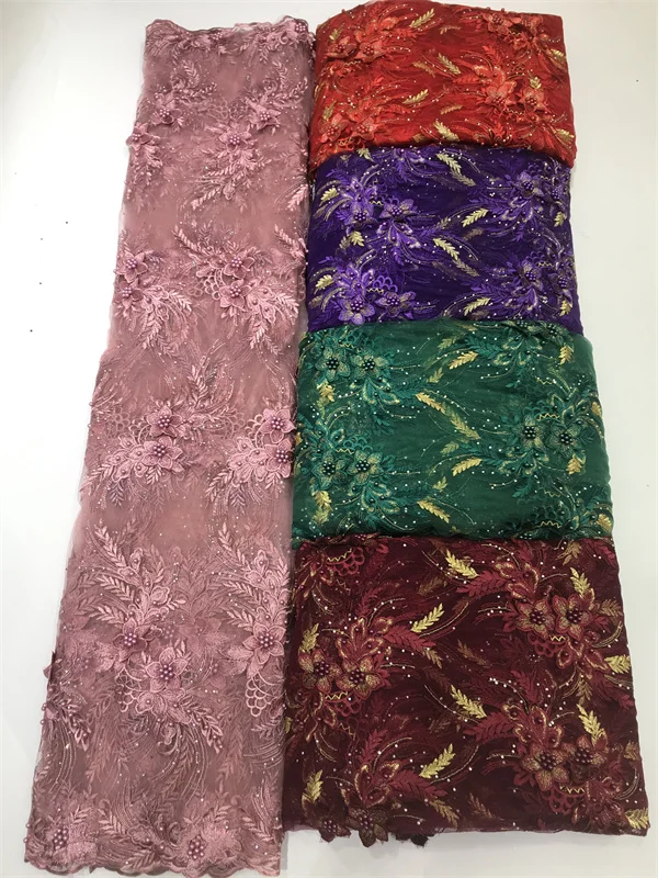 New Arrival Rose Pink 3D Beaded Lace Fabric 3D Embroidered Lace Fabric For African Weddings