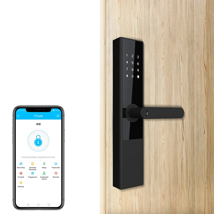 Luxury Black Handle Fingerprint Door Lock Unlocked By Ic Card Password Keys Phone App Ttlock Remote Unlock Door Lock