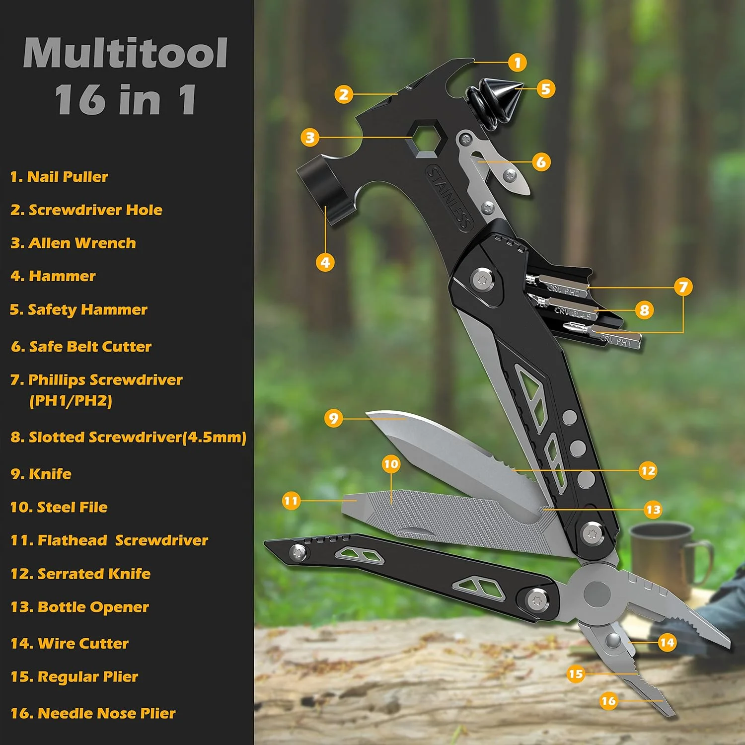 16-in-1 Portable Hammer Multi Tool Hiking Folding Blades Screwdrivers Pliers Hunting EDC Cool Gadget for Daily Home Use
