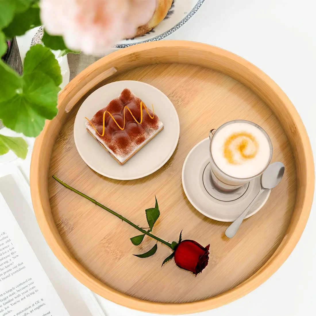 Экологичная сервировочная тарелка из бамбука круглый деревянный поднос с ручкой декоративный