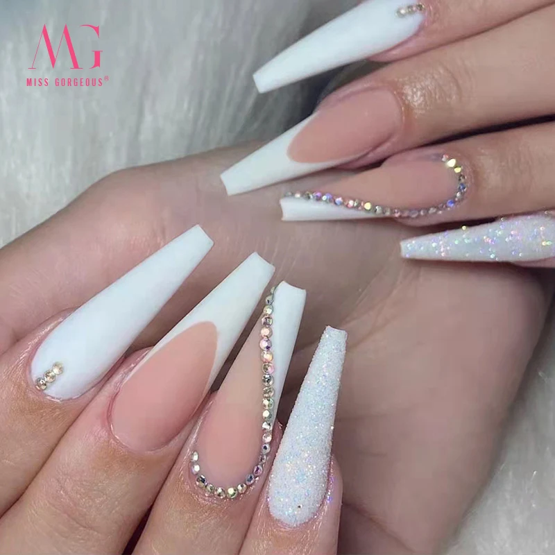 MG 24pcs Pink Press on Acrylic nails Gel False Coffin Press On Nail French Fake Private Label Nails False