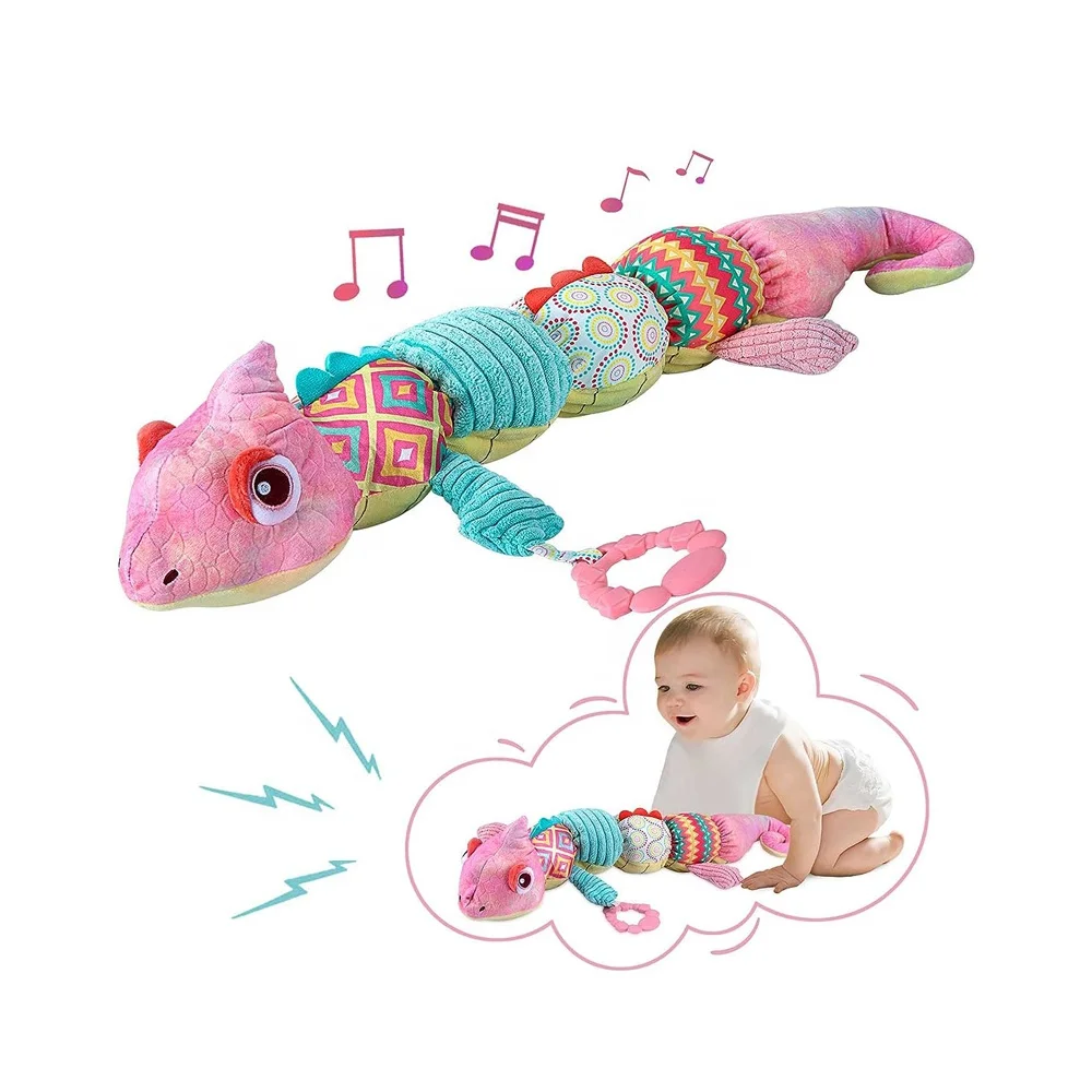 Baby Stuffed Chameleon Plush Animal Toys Musical Infant Soothing Multi-sensory Soft comfort Doll for Newborn with Height Ruler