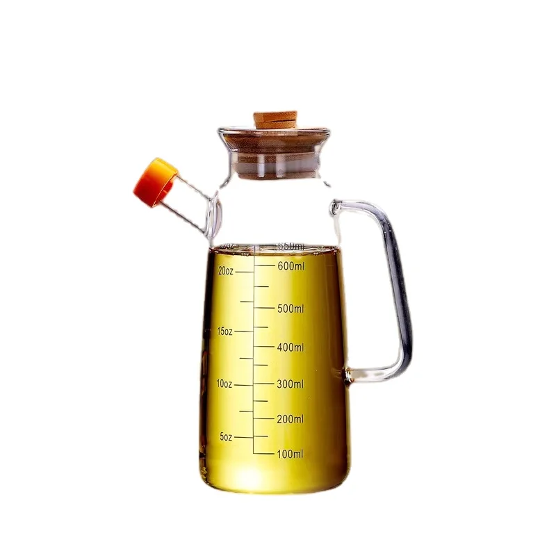 650ml Handmade heat-resistant borosilicate glass oil pot Sealed leakproof seasoning scale oil pot with bamboo lid