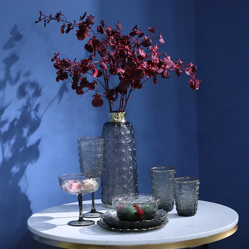 Bixuan Grey Hammered Glass Tableware 8-piece Set Glass Vase Cups Plates Salad Bowl Fruit Tray Goblet Table Decor Centerpieces