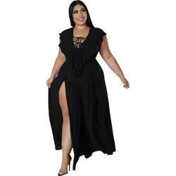 X33260 Amazon Europe and America  fashion Split dress solid color ruffled large size summer casual women dress plus size