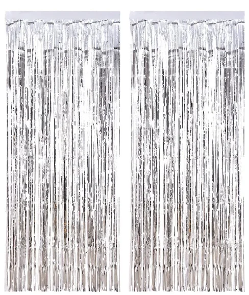 Silver Metallic Tinsel Foil Fringe Curtains Photo Booth Props for Birthday Wedding Engagement Bridal Shower Baby Shower