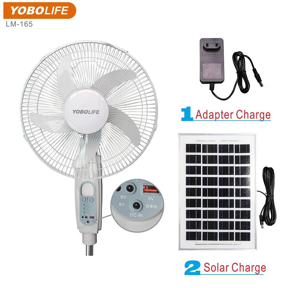 New Model LM-165 AC/DC Operated 16 Inch Rechargeable Stand Fan With LED Light USB Output Charging Solar Fan for Home