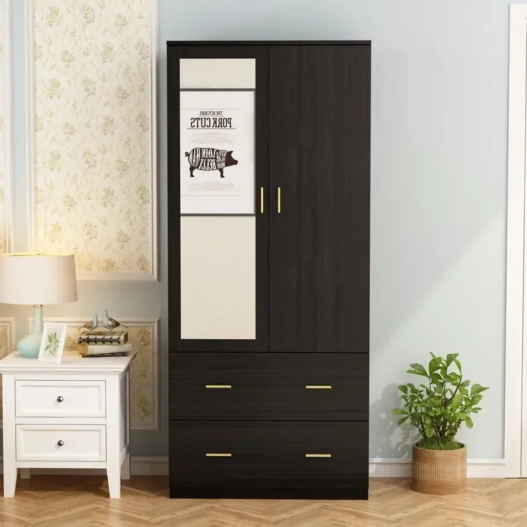 Luxury Bedroom Furniture Wooden Black Two Door Wardrobe with Mirror  Modern Wardrobe Armoire Clothes Organizer