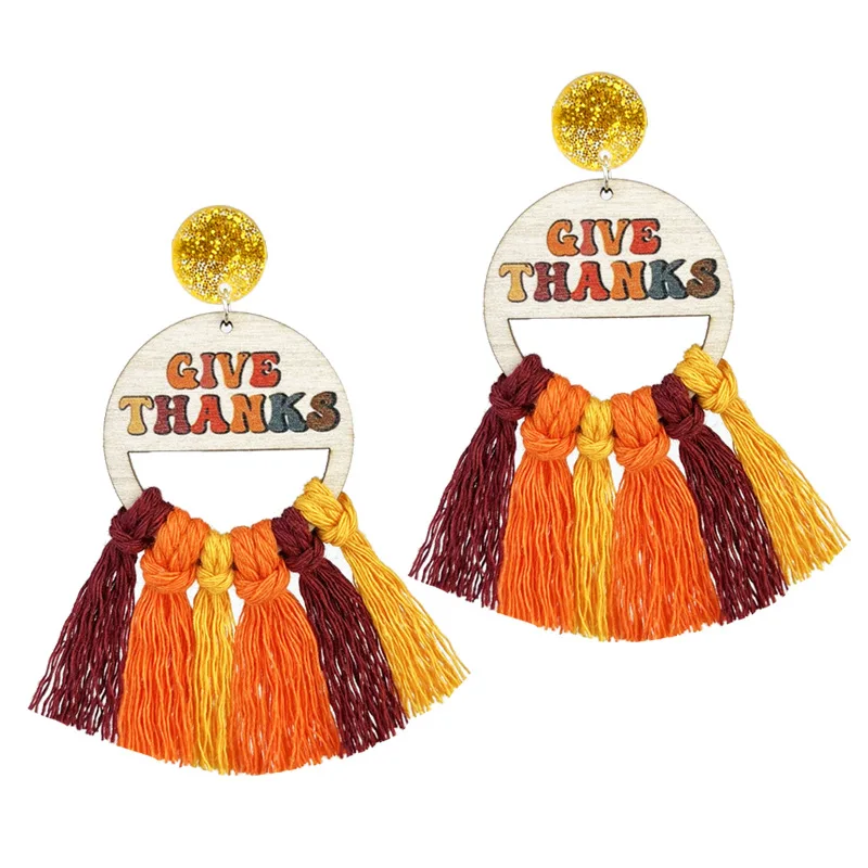 Thanksgiving Day Autumn Hand Woven Tassel Earrings Creative Turkey Pumpkin Maple Leaf Print Wooden Party Earrings For Women