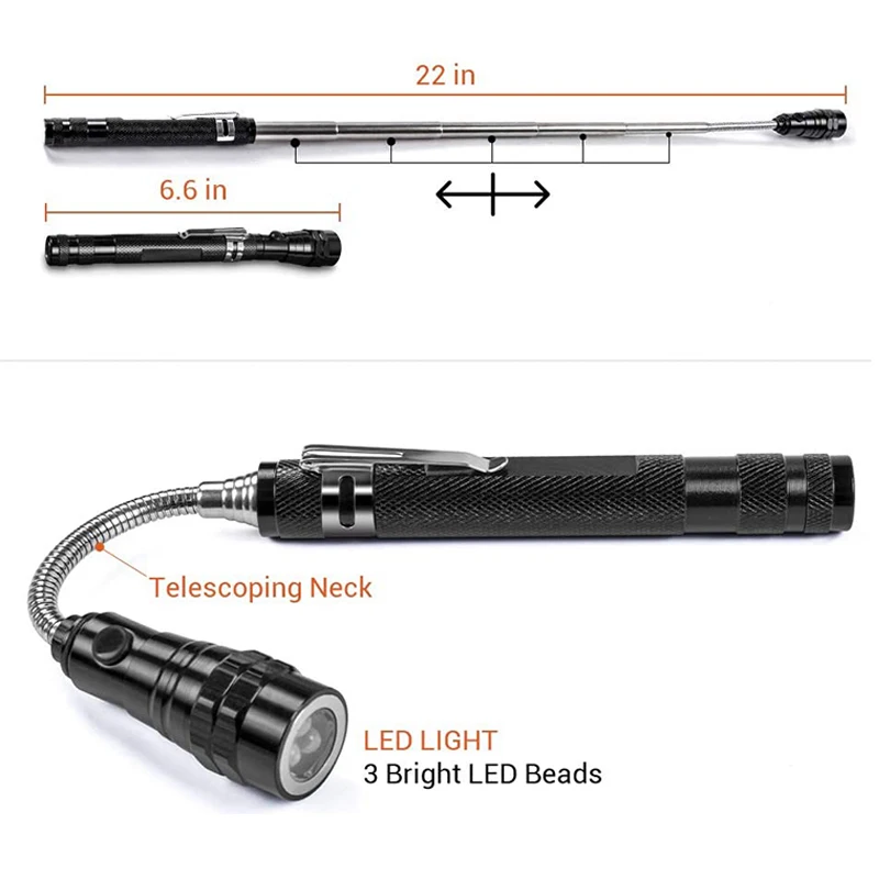 Multifunctional Portable Flexible Head Led Pick up Flashlight With Magnet Telescopic 3 LED Tool Torch Light