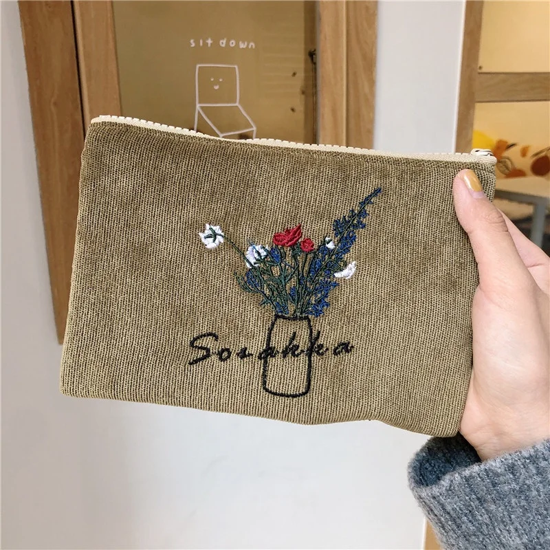 Corduroy embroidery zipper coin purse change purses for lady