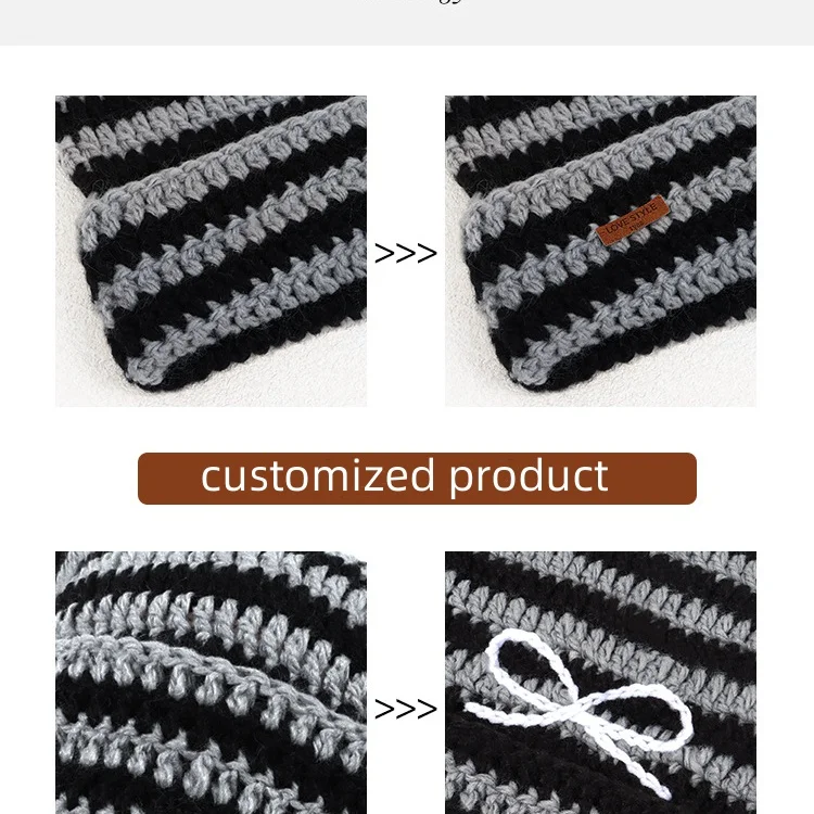 Custom Devil Striped Beanie Hat Knitted Wool Cap Cute Cat Ears Horn Knitted Hat Fall Slouchy Beanies