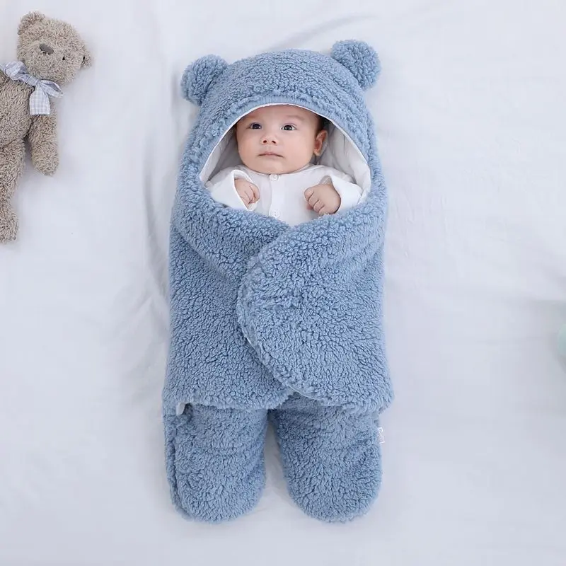 Infant Soft Plush Sleeping Bag Newborn Anti Startle Quilt Blanket Baby Wrap Windproof Hooded Bear 0-9 Months Baby Sleeping Bags