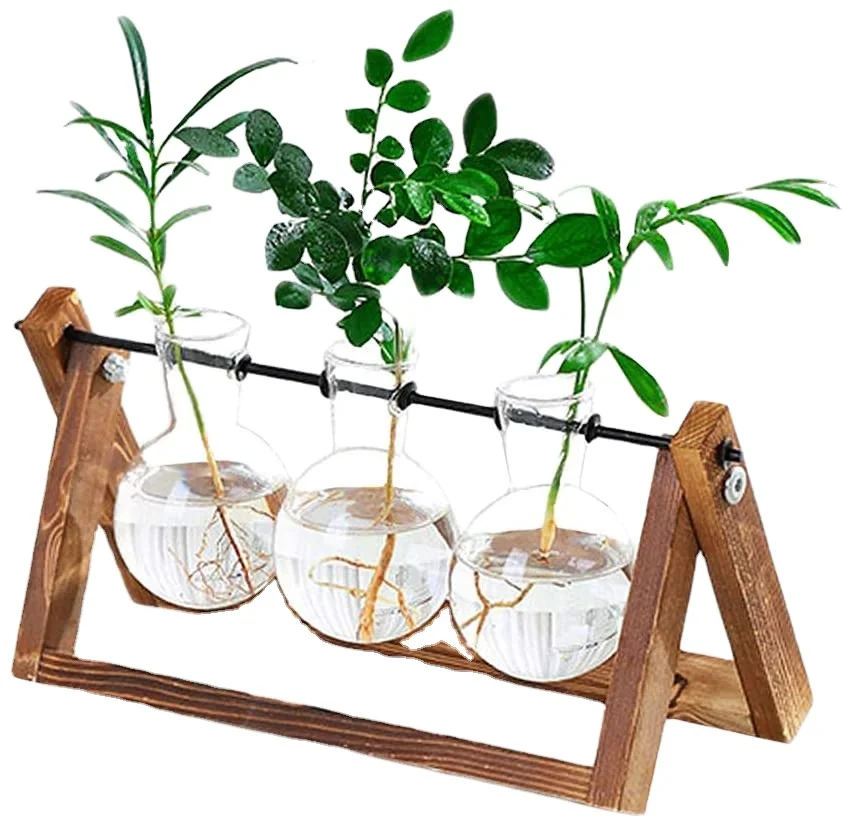 3 Tubes Hydroponic Wooden Frame Flower Home Decor Propagation Station Transparent Crystal Terrarium Flower Glass Vase
