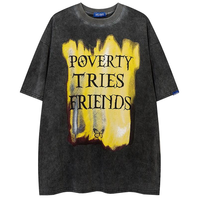 Vintage Black Printed Large Graphic Tees Acid Wash Tshirt Men Oversize Crewneck t Shirts