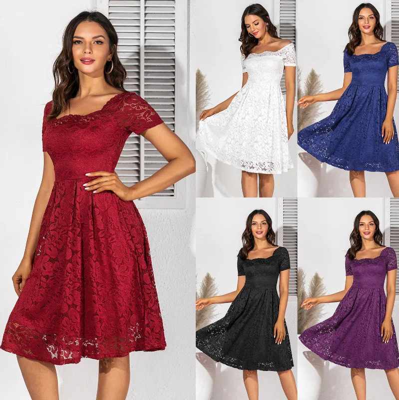 A Solid Contrast Romantic Fluffy Dresses Red Women One Piece Laced Classic Styles Ladies Lace Dress