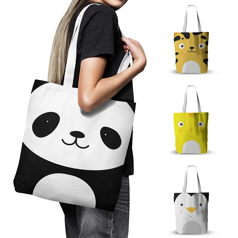 New Women Cartoon Handbag Color Animal Face Panda Lion Shoulder Canvas Bag Large Capacity Girl Reusable Shopping Bag Grocery Bag
