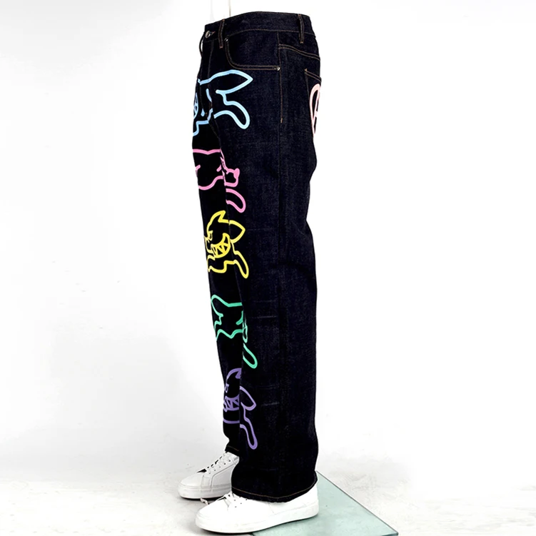 custom selvedge graphic denim jeans baggy straight fit leg black screen printed men jeans
