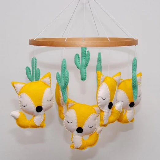 
Monochrome handmade music box boys wooden arm hanging woodland forest fox infant felt baby cot mobile 