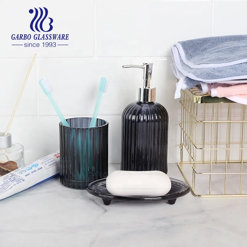 Embossed Pattern Glass Bathroom Accessories Classic 3pcs Bath Set Lotion Dispenser Mouthwash Cup Soap Dish Bathroom Toiletry Set