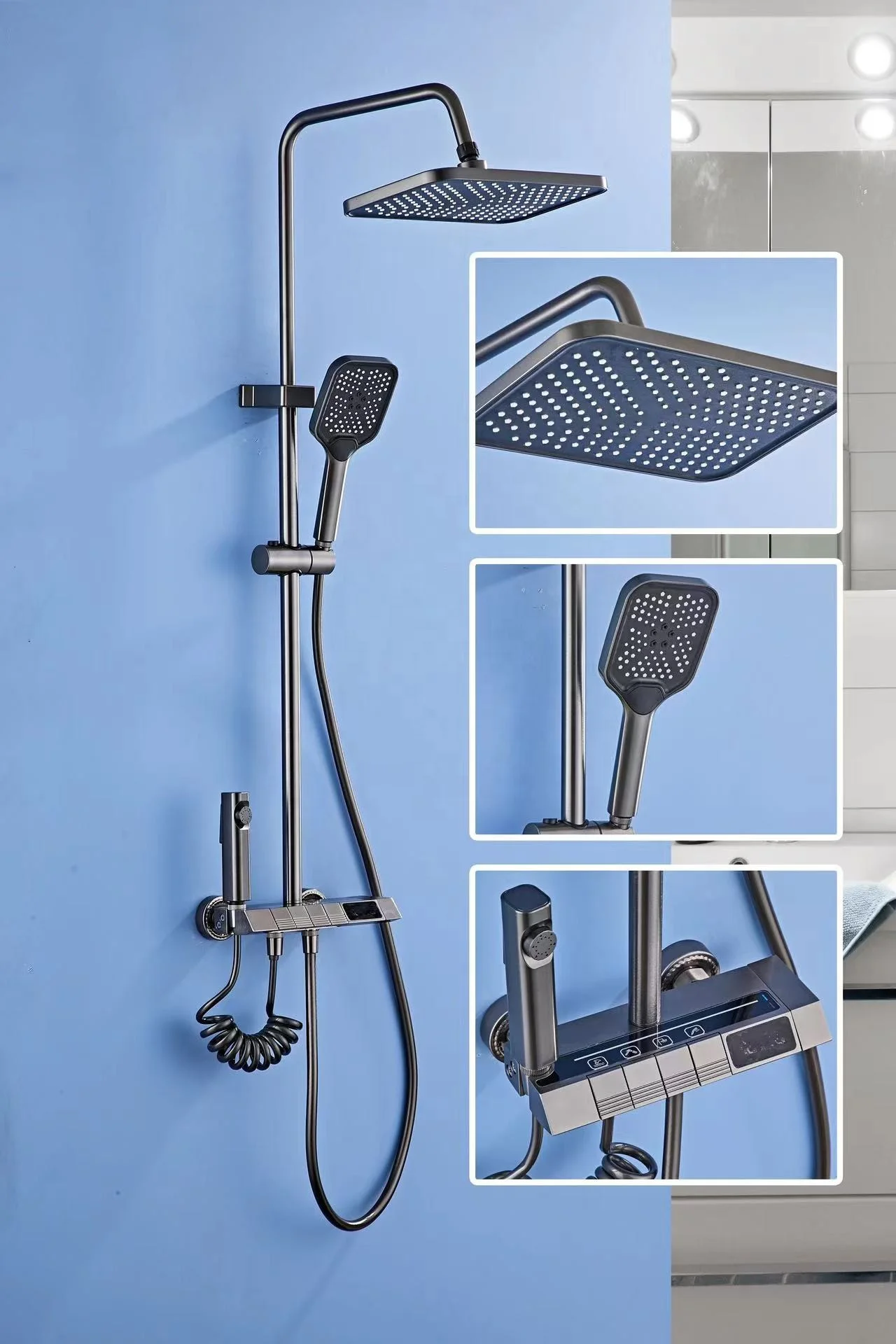 Voriva Luxury Brass piano Digital Display Bathroom LED Shower Faucet Rainfall Shower System 4 Functions Bathroom Shower Mixer