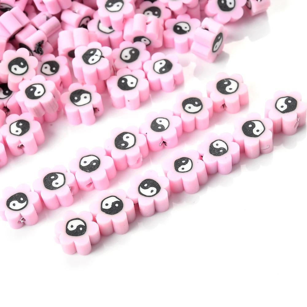 50Pcs/Bag Pink Flower Polymer Clay Beads Tai Chi Pattern Jewelry Beaded For Handmade Mkaing Diy Bracelet Accessories 10mm