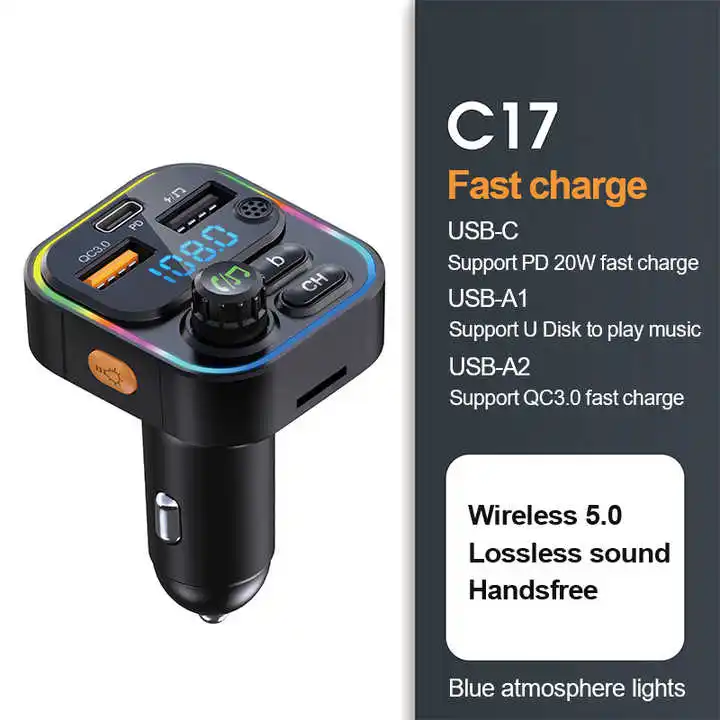 Factory OEM car mp3 player FM transmitter Car quick charger 20W C17 with RGB light QC3.0 super USB charging for phone