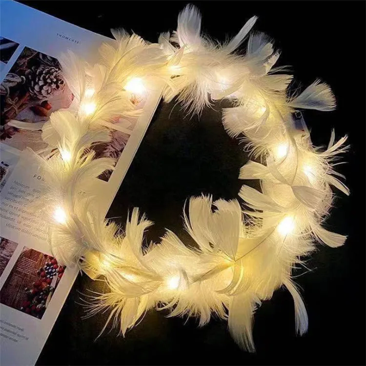 Fashion new bridal wedding decorations Led flashing crown angle girls hair accessories led feather flower headband
