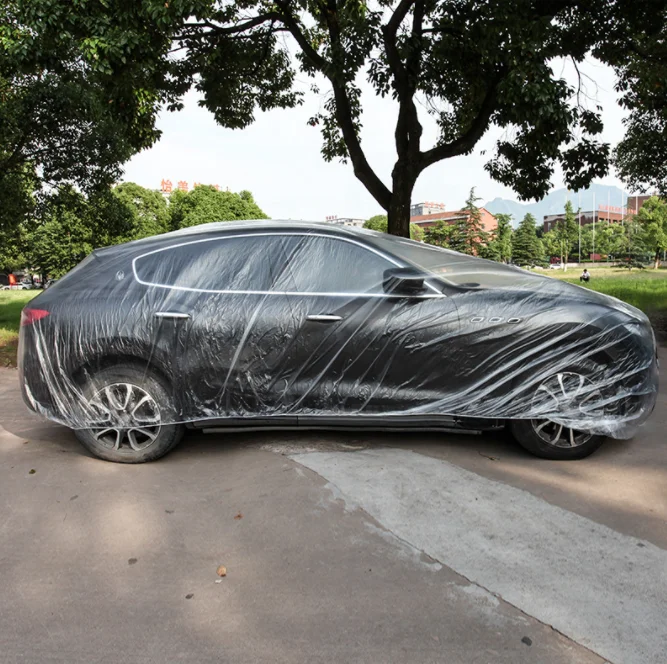 Protective Car Cover Transparent Plastic Auto Dustproof Covers With Elastic Band Rain Dust Resistant Scratch-Proof