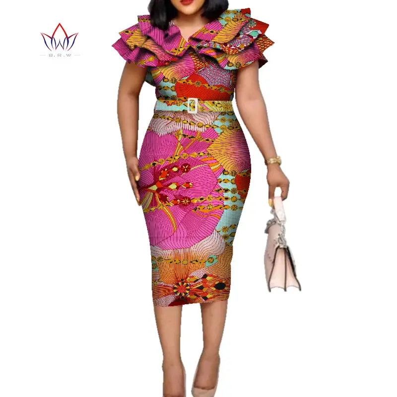 Базен в африканском стиле с оборками на воротнике; Платья с поясом для женщин в африканском стиле с принтом Платья Vestidos Женская Свадебная обувь в африканском стиле Одежда WY5740